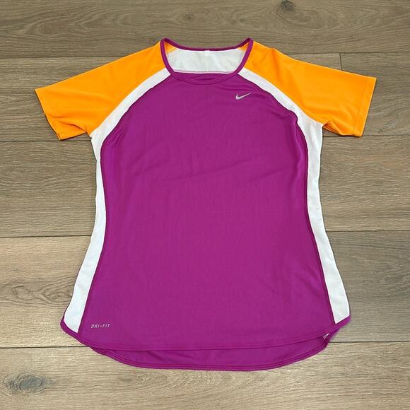 NIKE Neon Purple Orange Dri-Fit Mesh Running Active Short Sleeve Shirt Top Sz‎ M - Picture 1 of 11